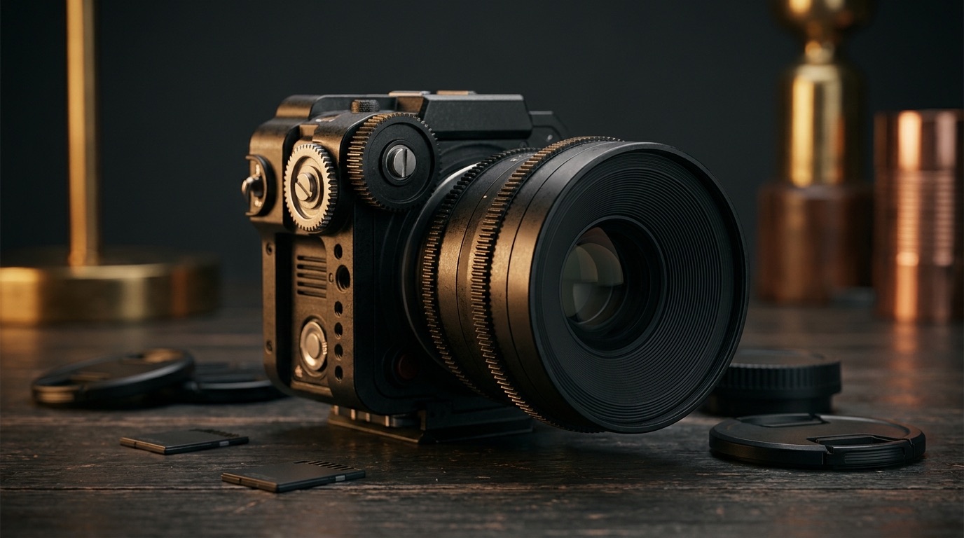 Professional cinema camera on dark wood