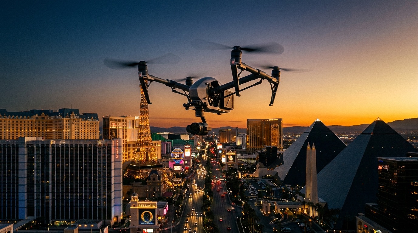 Cinema drone flying over Las Vegas Strip at sunset