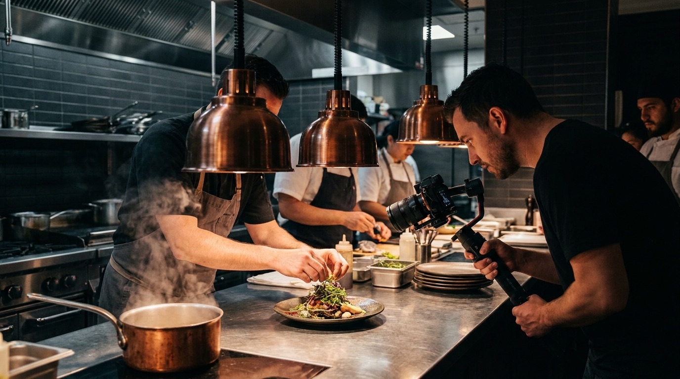 Chef plating a dish under warm pendant light