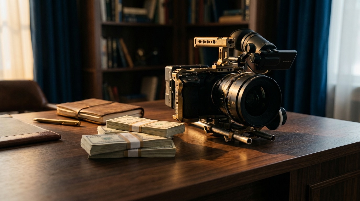 Cinematic still of cinema camera and currency