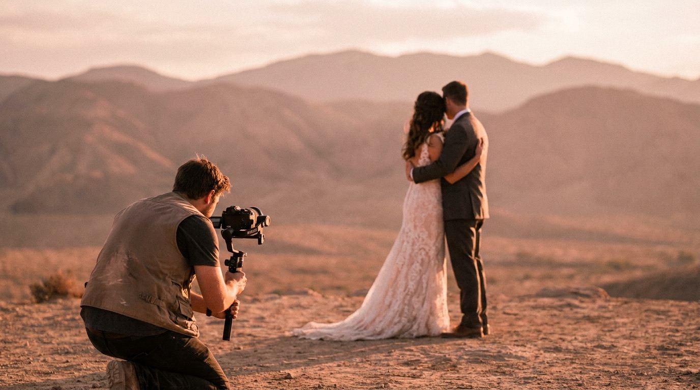 Wedding videographer capturing a Las Vegas couple at golden hour